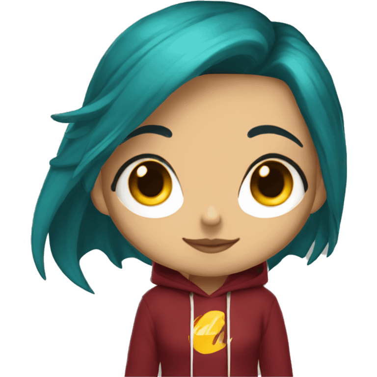 Lady with brunette and blue hair, gold, green dragon wings, maroon hoodie, black and gold Nike t shirt, and bright red eyes emoji