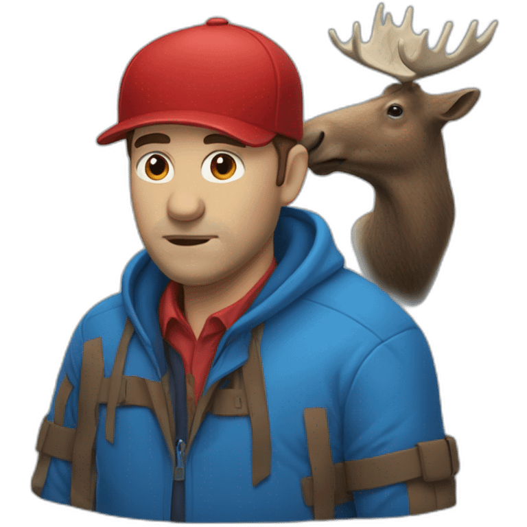 Man with blue jacket and red cap with dead lying moose emoji