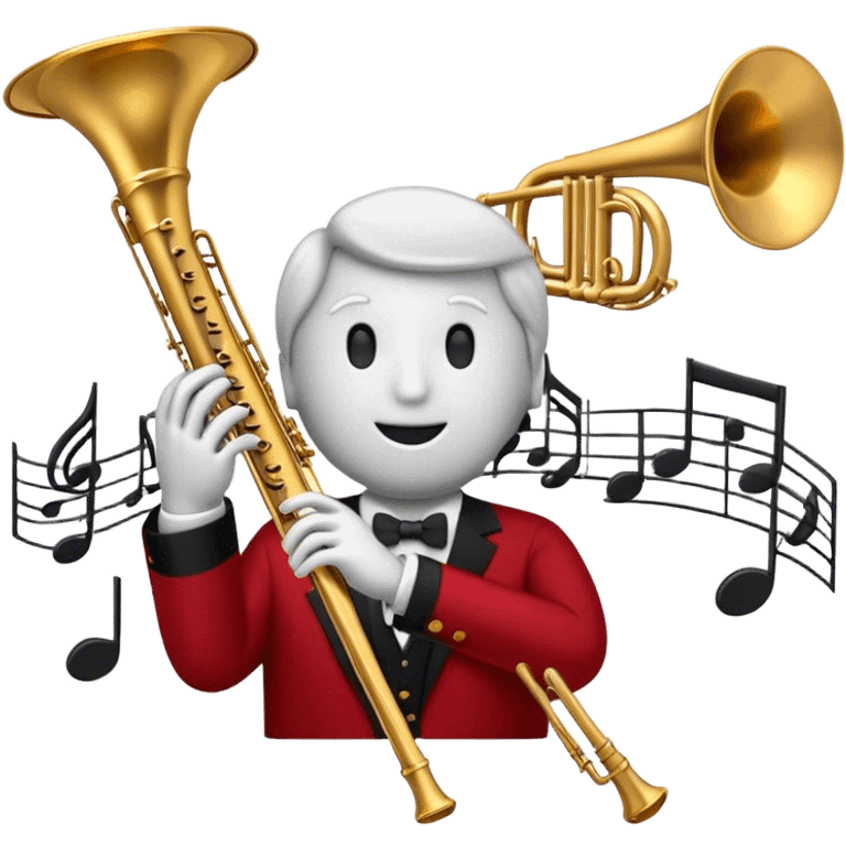 Create a sophisticated and elegant emoji that represents orchestration and arrangement. The design should feature a conductor’s baton, musical notes, and a symphonic score, symbolizing the process of arranging and orchestrating music. Incorporate instruments like a violin, trumpet, and piano keys subtly in the background, representing different sections of the orchestra. Use classical and refined colors such as gold, deep red, and black to evoke the grandeur and precision of orchestration. The background should be transparent. emoji