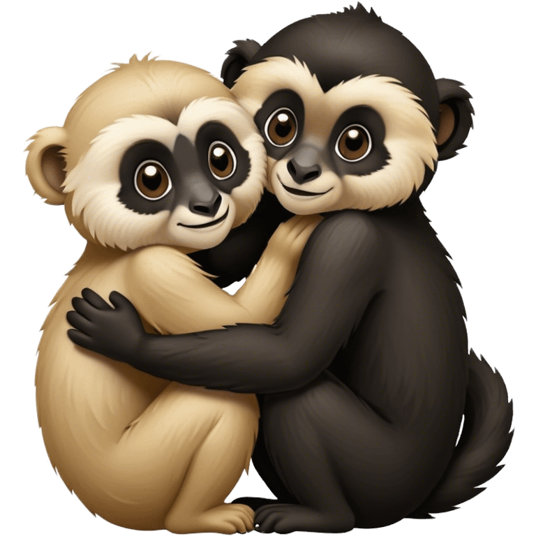 Two gibbons, one black and one tan, embracing, cute Disney-style  emoji