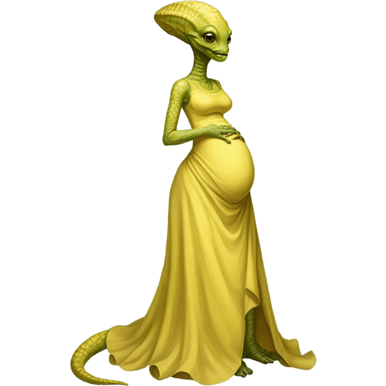 Pregnant reptilian alien woman, full body, in victorian jellow elegant dress, emoji