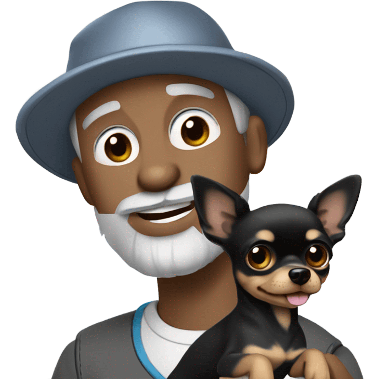 blue eyed man gray hair gray goatee wearing ball cap holding black long haired chihuahua emoji