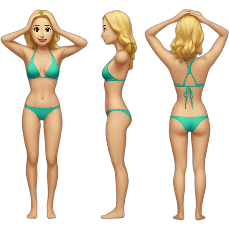 fit Caucasian woman bikini (hands-in-hair pose) (full body) emoji