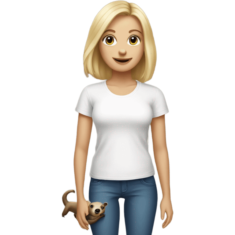 Lady with shoulder length blonde hair and blue eyes in white t-shirt holding a sloth emoji