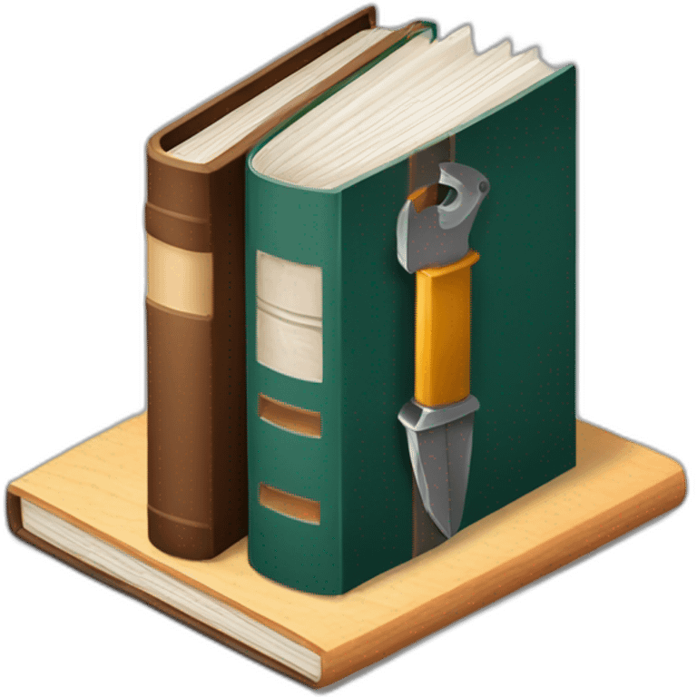 isometric thick BOOK with picture of wood, metal, welder, tools emoji