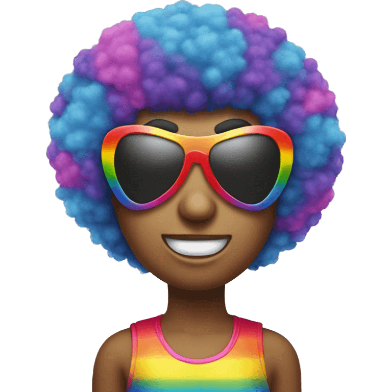 A nervous emoji with heart shaped sunglasses and a rainbow Afro wig emoji