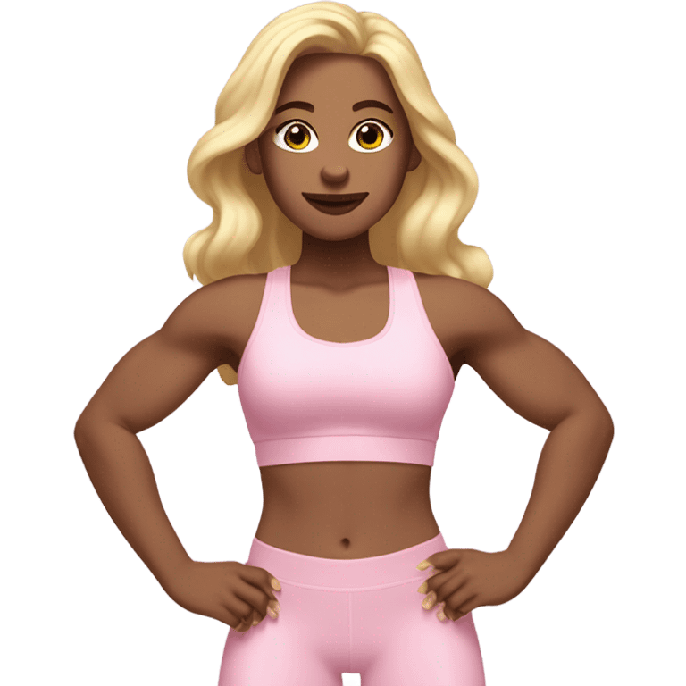 Woman, white skin, light skin, long hair, blonde hair, wavy hair, baby pink sports bra, baby pink leggings, flexing one arm emoji