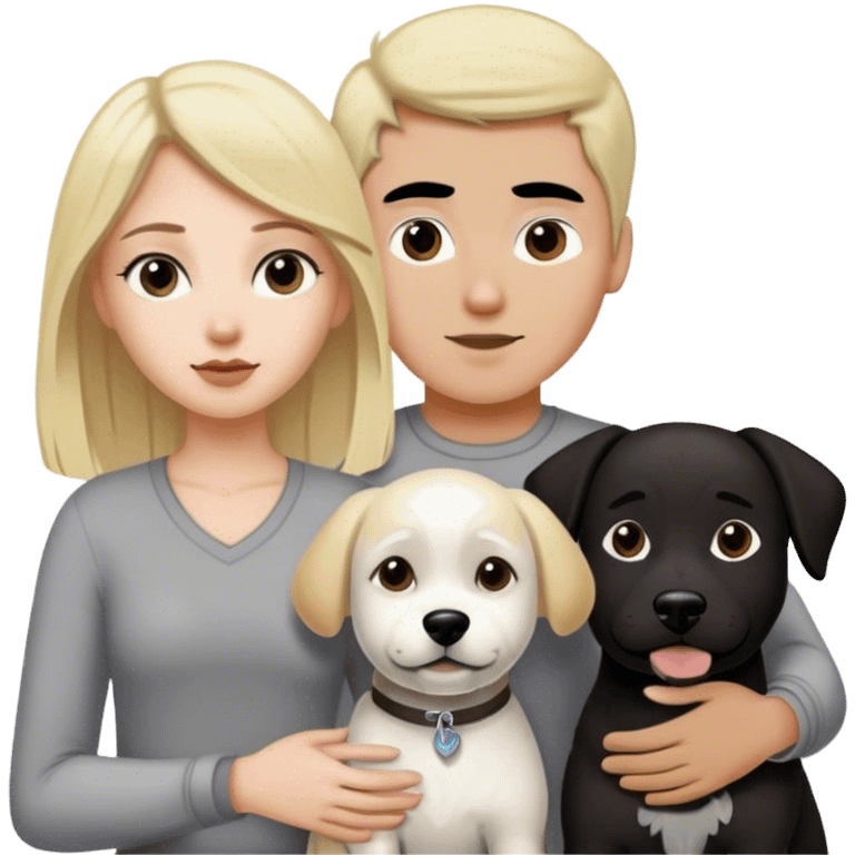 Blond white girl with dark black guy black hair and 1 dog medium size white and gray and 1 dog large dark brown and white emoji