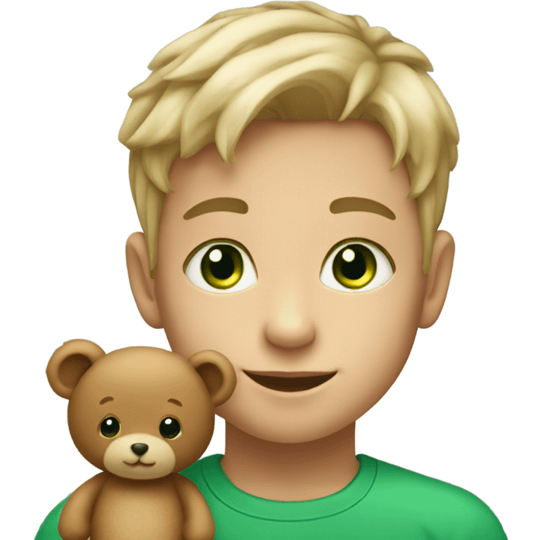 Little boy with light hair and green eyes with teddy bear emoji