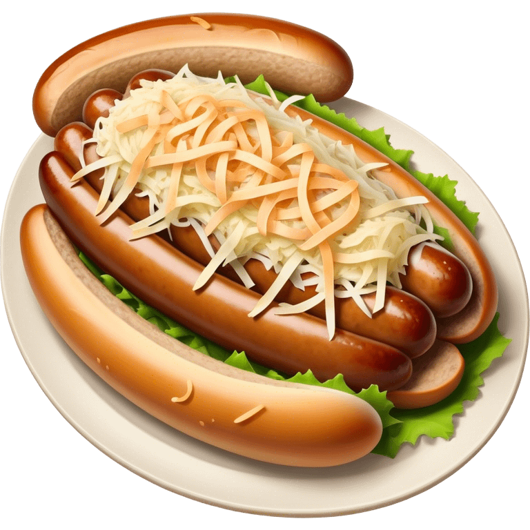 Bratwurst Cinematic Realistic Bratwurst Dish Emoji, depicted as a grilled bratwurst topped with a generous serving of shredded sauerkraut, rendered with rich textures and dynamic, appetizing lighting. emoji