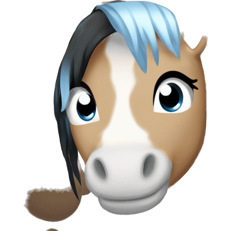 Brown and white spotted pony with blue eyes and black hair emoji