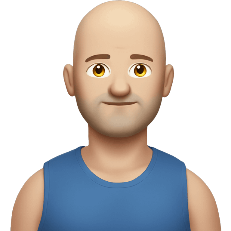 a fat man with a shaved head in a blue t - shirt posing for a, face-on head shot, patryk hardziej, shaved head, face on head shot emoji