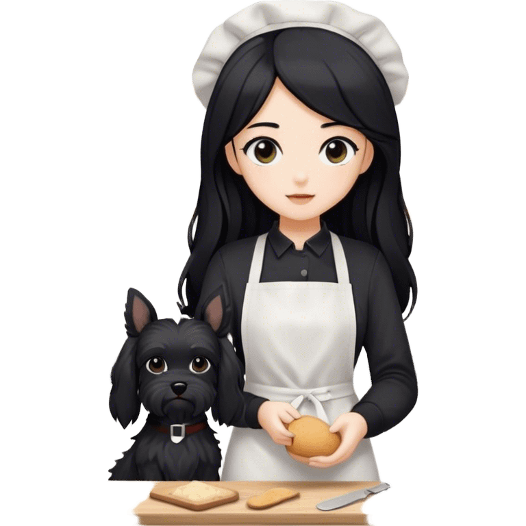 pale girl with long black hair wearing black long sleeve tshirt wearing apron and baking holding black floppy ear schnauzer no tail emoji