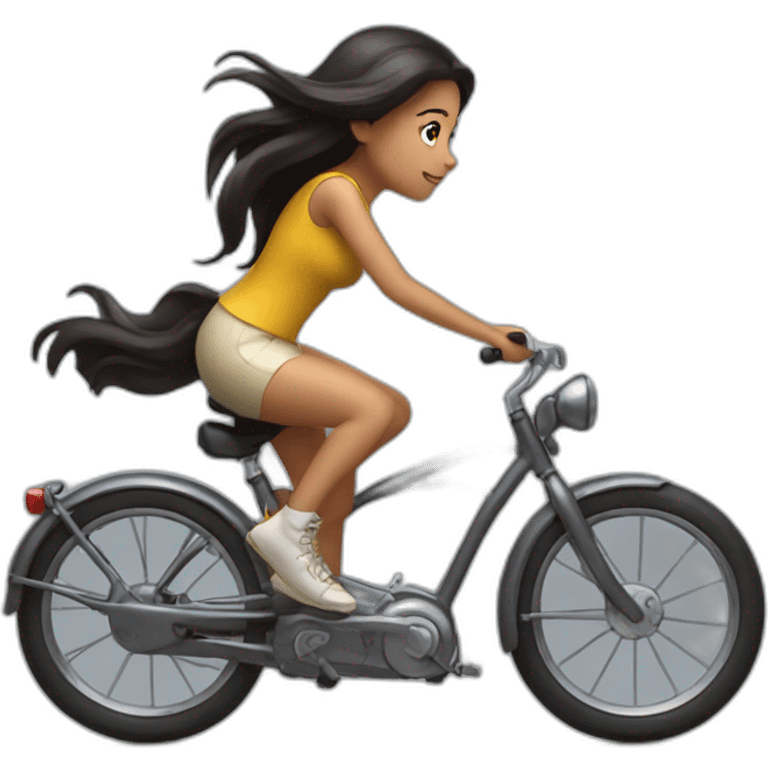 long and dark hair girl riding a shiny bike emoji