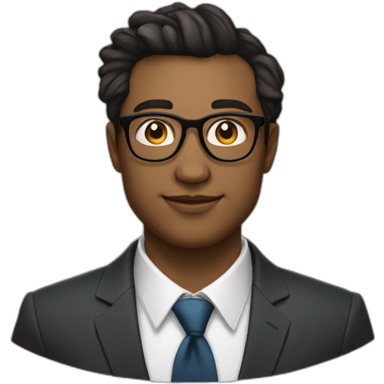 27 year old man with thin frame square glasses, oval face, formal shirt with tie, formal hair emoji