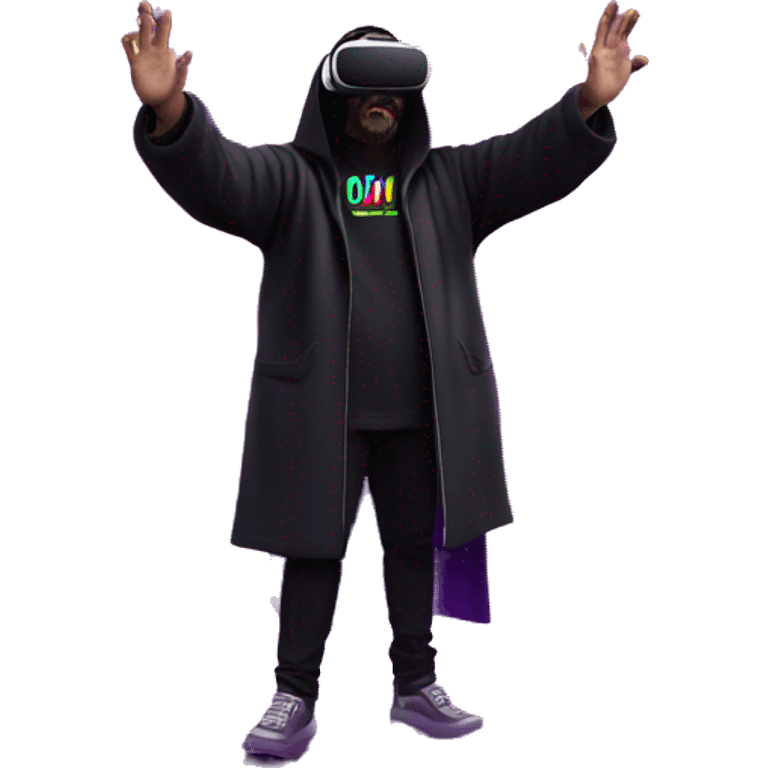 Big Lebowski wearing a black hoodie with "OMG" letters on it and VR headset oculus quest 2 in a cyberpunk VR environment with violet neon lighting. Showing direction with hand emoji