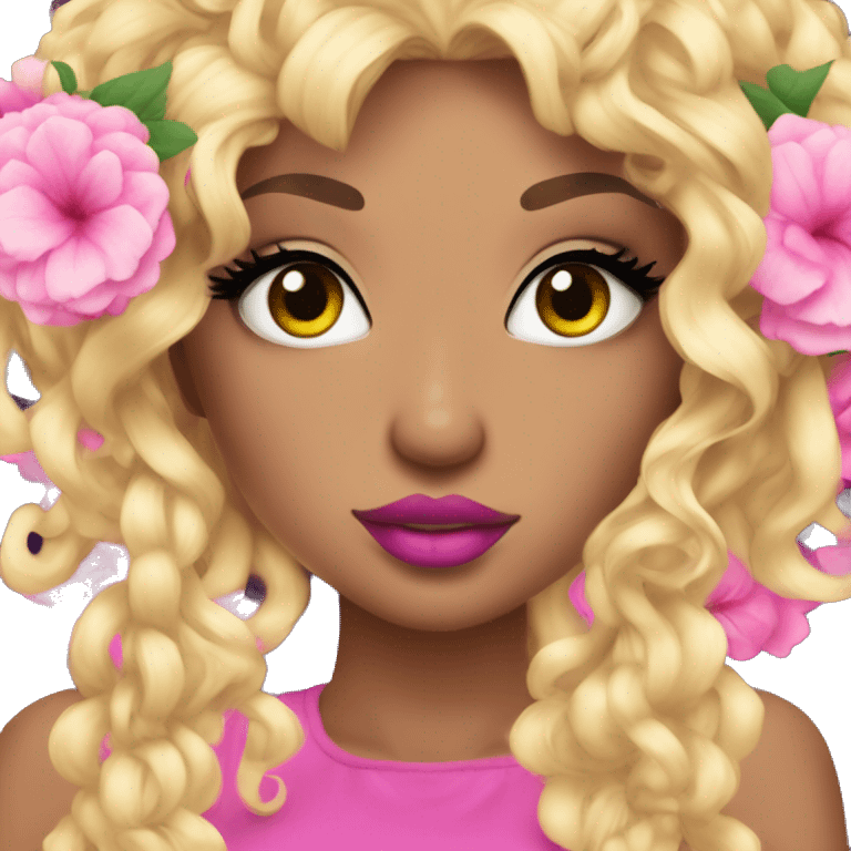 Gyaru girl with dramatic under lashes, flower in hair, bold pink lipstick, and curly blonde hair emoji