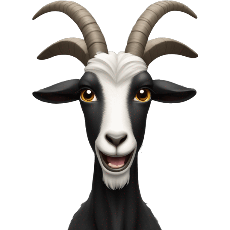 a black and dark goat with two front teeth showing, the black goat doesn’t have any white spots, completely black  emoji