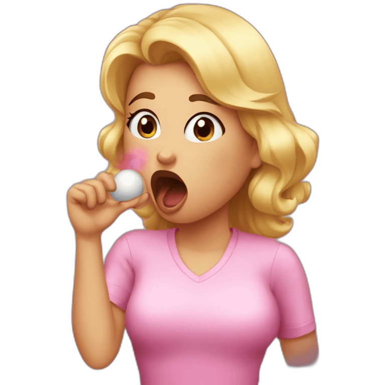 girl coughing, her hand is holding an invisible spherical object, and she has pink lipstick with big eyelashes emoji