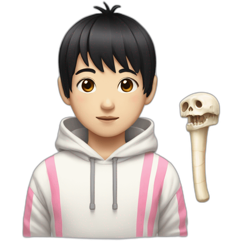 Japanese boy, with cute black hair and with a bone hairclip wearing a white hoodie with pink stripes emoji