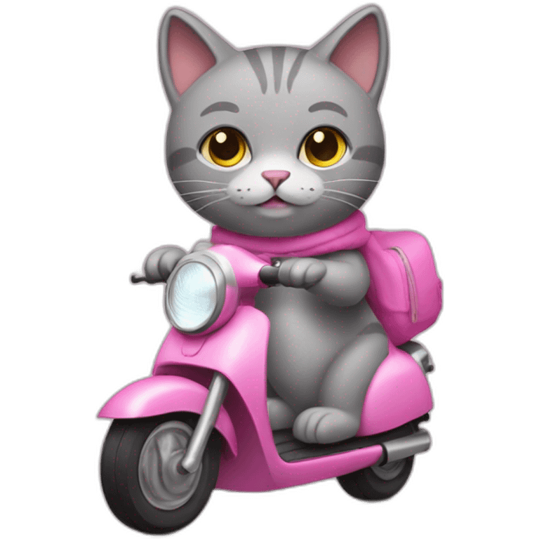 A gray stuffed cat. This cat is wearing a sleeveless sweater with a pink hood. He rides a scooter. emoji