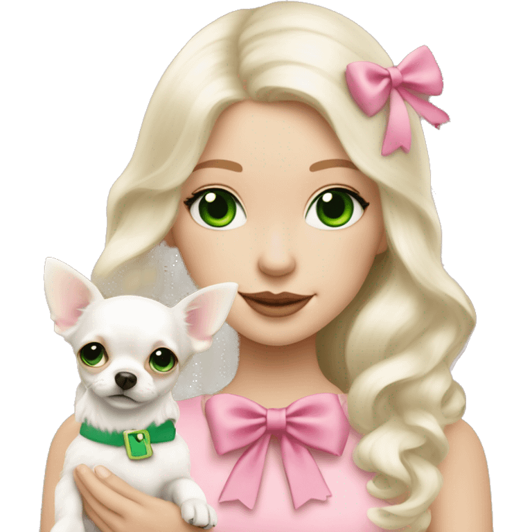 pale blond girl with wavy long platinum white hair with bright green eyes holding a white chihuahua that wearing a pink bow emoji