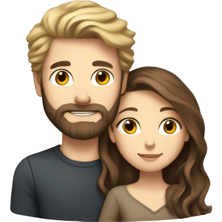 Brunette girl with wavy Long Brown hair hugging blond boy whit a beard an white Skin Color lovingly couple emoji