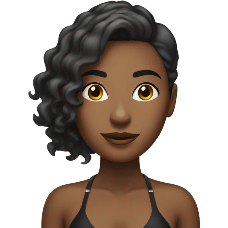 A beautiful short hair black woman in a bikini and sandals on the beach. emoji