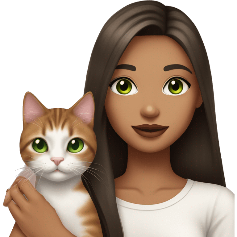 A girl with green eyes and dark brown straight hair, and makeup nude lipstick  and eyelashes, slightly tanned, oval light pink fingernails ,white top, holding a brown tabby cat with green eyes  emoji