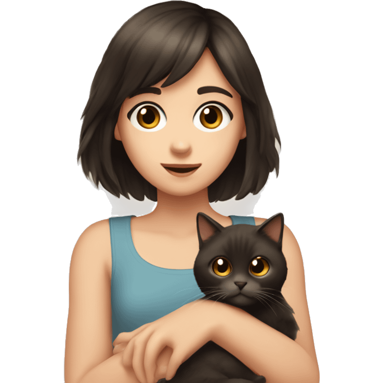 A pale girl with dark brown hair and dark brown eyes and bangs holds a cat in her hands and looks at her emoji