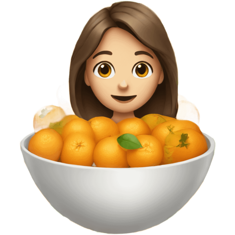 Girl with brown hair sitting in a bowl of oranges texting on her phone emoji