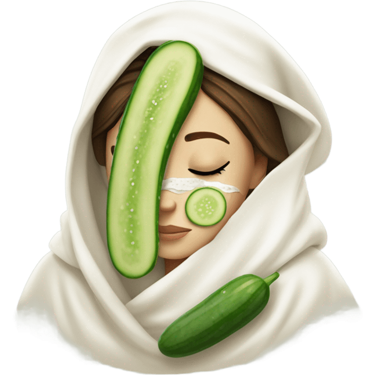 Girl with freackles Brown hair white skin and blue eyes wears Green colored texture skin care mask all over her face while She relaxes she puts on two mini round piece of cucumber on her closed eyes In a white Robe emoji