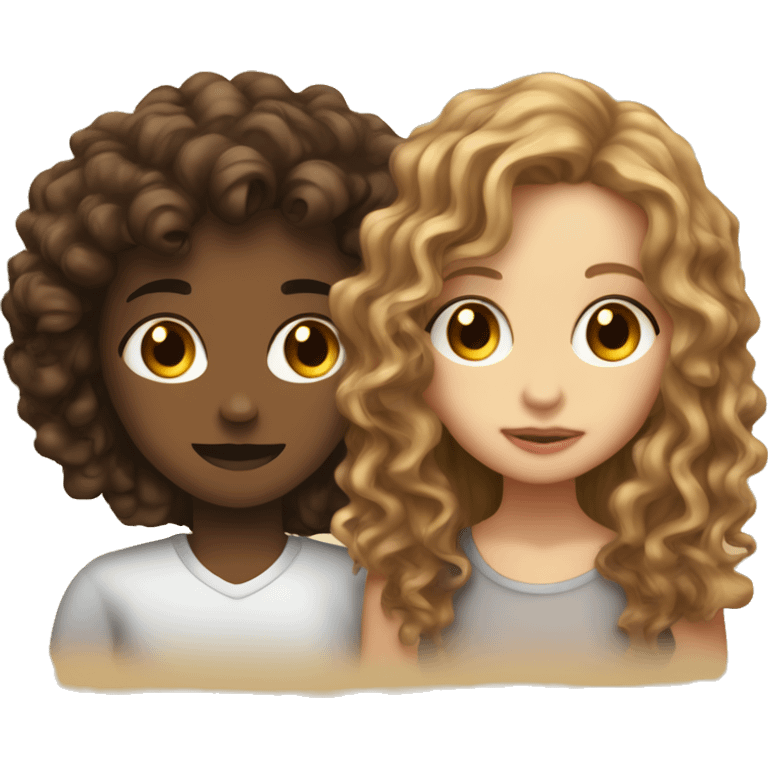 A white gir with long brown wavy hair kissing a light skin gir with curly hair  emoji