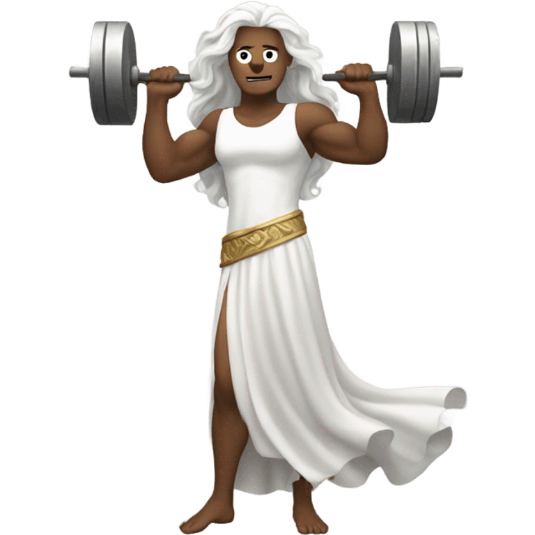 white Poseidon lift weight . long white hair white dress. emoji