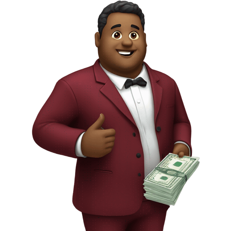 fat guy in dark red velvet suit holding cheque emoji