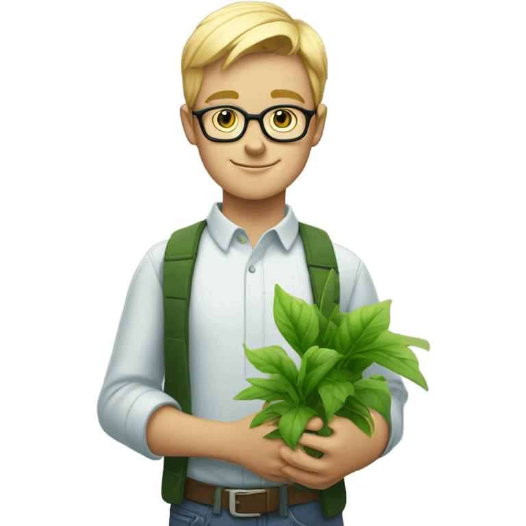 blonde boy with glasses portrait holding plants emoji