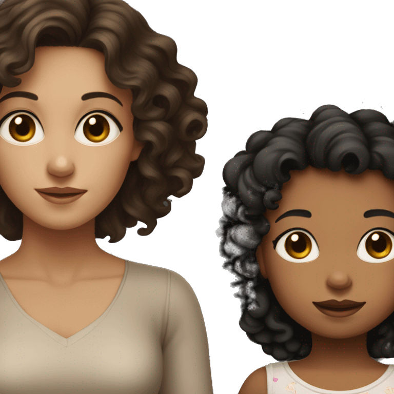 Brunette fair skinned woman with dark brown eyes holding black haired toddler girl with curly hair and brown eyes  emoji