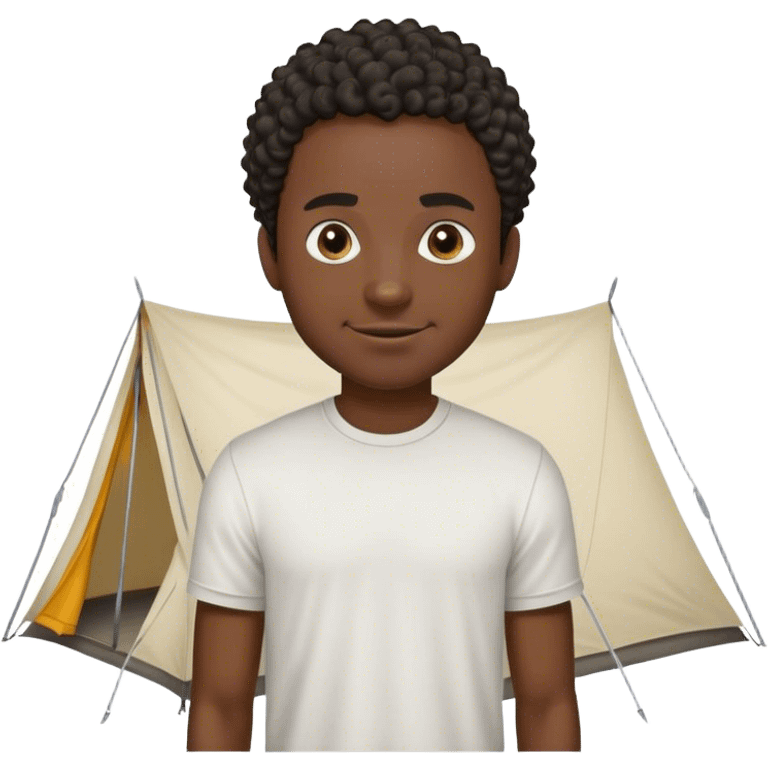 dark skinned black man wearing a t shirt with short curly hair standing next to a tent looking at the tent with an evil smile on his face emoji