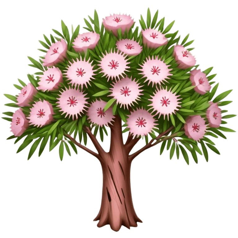 Cinematic Realistic Melaleuca Emoji, Elegant and resilient, with peeling, papery bark and delicate, needle-like leaves. The tree stands tall and graceful, with clusters of white and pink flowers dotting the branches. Soft glowing outline, capturing the essence of natural elegance and resilience in a beautiful melaleuca tree! emoji