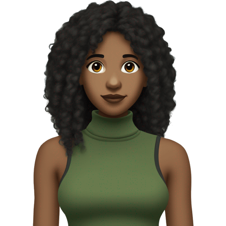 ebony teen with beautiful small brown eyes, and flowing afro Black hair, and she is wearing a casual style baggy loose green cropped regatta sleeveless turtle neck and loose black cargo pants emoji