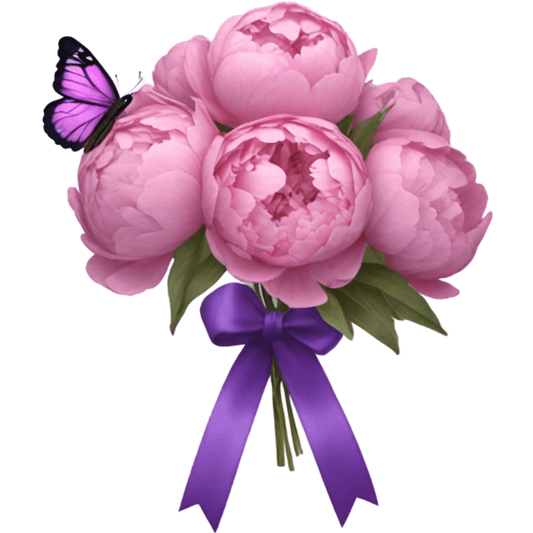 A purple silk ribbon tied around a bouquet of dried pink peonies , with a delicate pastel violet butterfly perched gently on the bow. emoji