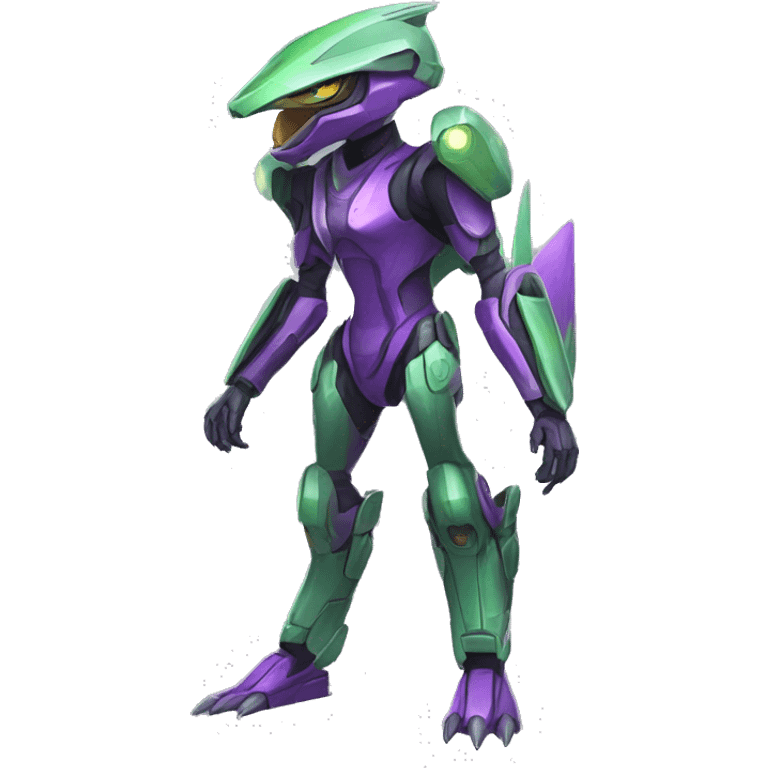 a purple-green Genesect-Raptor-Fakémon—hybrid with a futuristic visor-helmet full body emoji