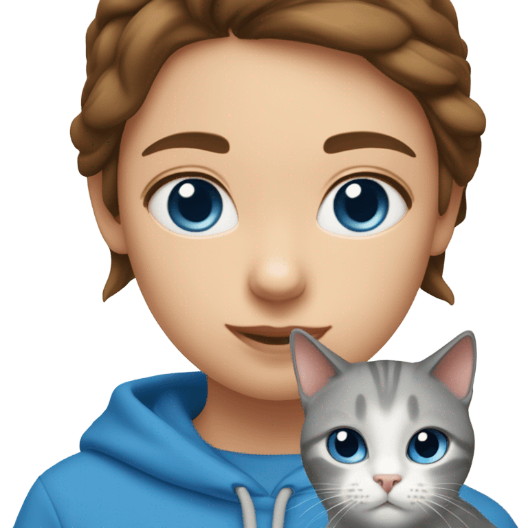 Create a sticker pack with a оgirl with brown hair below her shoulders with blue eyes and a blue sweatshirt or T-shirt. She has a white and gray Scottish Straight cat with blue eyes, emoji