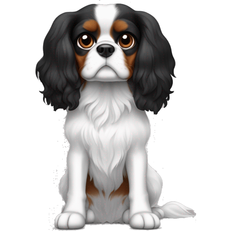 The cavalier King Charles spaniel dog. A black and white dog. With black ears, brown eyebrows, black in the middle of the muzzle, the rest is white. The belly is white, the back is black. The dog is sitting emoji