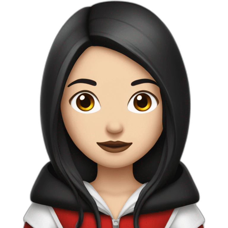 White girl long straight black hair with white streak hair and red ridding hood emoji