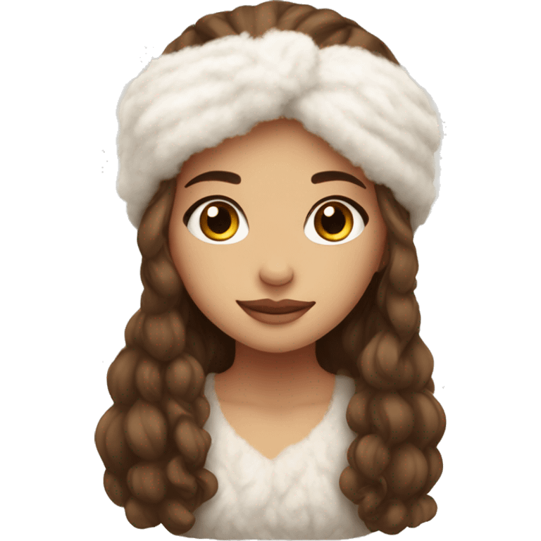 beautiful girl with a white warm fluffy headband long brown hair cozy emoji