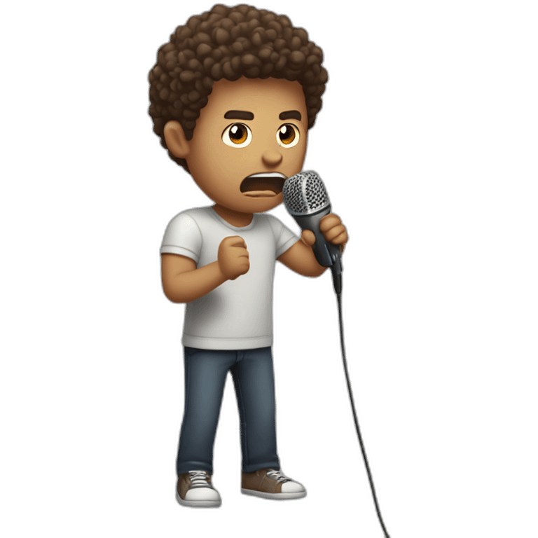 angry curly brown short hair guy putting his microphone in his mouth emoji