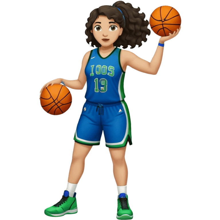 full body plus size light skin latino women basketball player with wavy dark hair large wide nose wearing blue with green uniform emoji