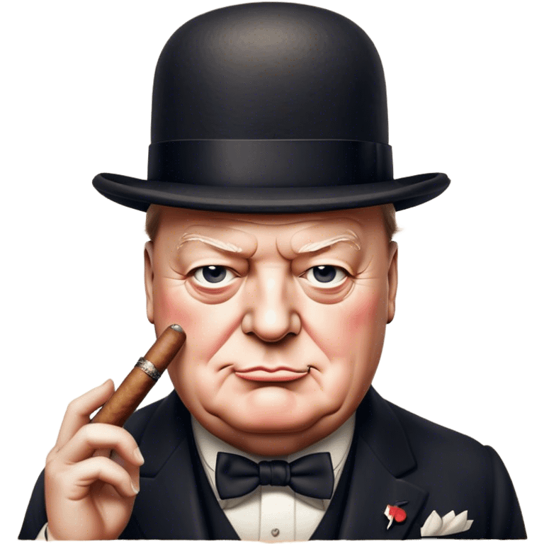 Cinematic Realistic Winston Churchill Portrait Emoji, depicted as a resolute British statesman with a signature bowler hat and a cigar, exuding determined leadership and wartime valor, rendered with lifelike textures and dramatic vintage lighting that captures his iconic British spirit. emoji