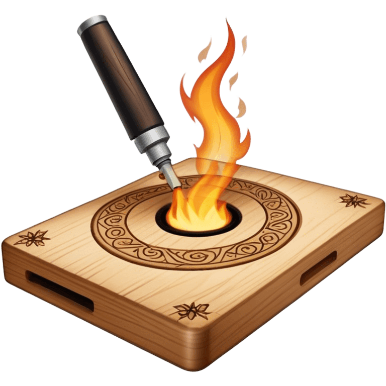 Pyrography icon, wooden board with intricate burn marks, pyrography tool (wood burner) in use, detailed patterns burned into the wood, minimalistic style, clean lines, transparent background. emoji